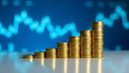 Financial Growth: A stack of shiny gold coins is meticulously arranged in ascending order, set against the backdrop of an enigmatic blue graph, representing financial prosperity and business growth.