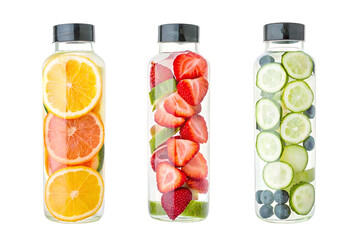 Mixed fruits and vegetables bottles of water, Summer drinks, detox water 