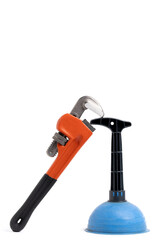 Adjustable pipe wrench and plunger on white background. Plumbing concept.