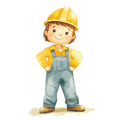 Watercolor style illustration of a smiling boy dressed as a construction worker