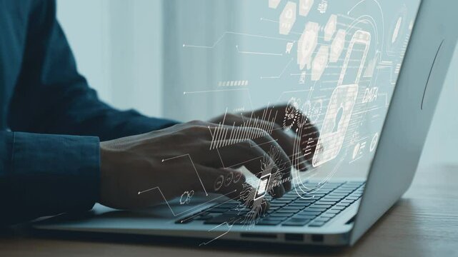 Person Typing on Laptop with Digital Security Icons Representing Cybersecurity and Data Protection Concepts in Modern Technology Environment. Qubit. - Powered by Adobe