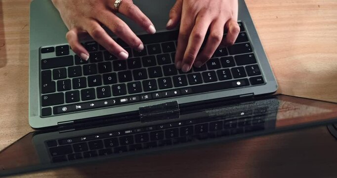 Hands, laptop or black woman on internet, email or social media search for planning digital brand logo in home office. Zoom on remote marketing worker, designer or employee typing advertising on tech