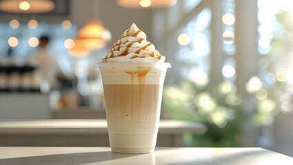 Wide-Angle Food Photography of Refreshing Iced Latte in Minimalistic, Modern Industrial Café – Excellent for E-Commerce Banners, Website Backgrounds, Digital Menus and Product Mockups