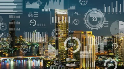 Business data analytic interface fly over smart city showing alteration future of business intelligence. Computer software and artificial intelligence are used to analyze big data for strategic plan . - Powered by Adobe