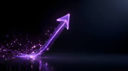 A glowing purple arrow made of digital particles rises diagonally on a dark background, symbolizing growth and progress.