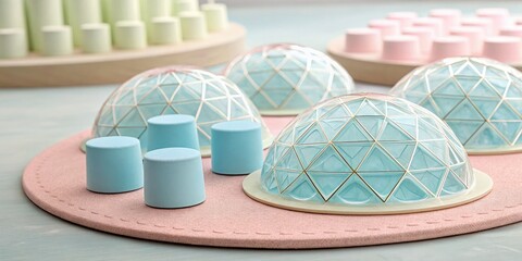 Pastel geometric dome structures and cylinder shapes on pink platform product photography background
