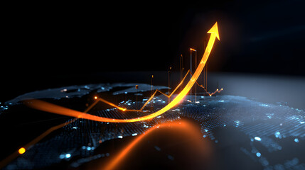 A glowing orange arrow rises above a digital world map, symbolizing global growth, progress, and upward trends.