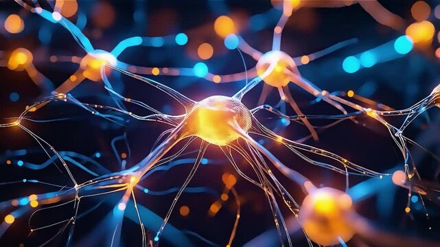 Journey through a neuron cell network inside the brain. Tecno Blue. Loopable. Flying across a neuronal network, electric impulses passes by it. Synapse. More options in my portfolio.