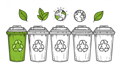 Five recycling bins, one green, four grayscale, with recycling symbols and leaves/globe imagery illustrating environmental consciousness and waste management