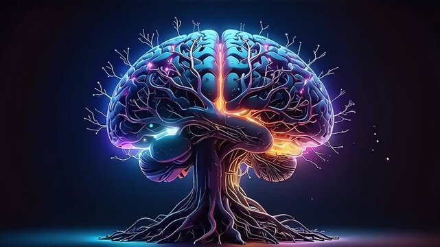 Neon Brain in Cyberpunk Cityscape: A Futuristic Digital Mind