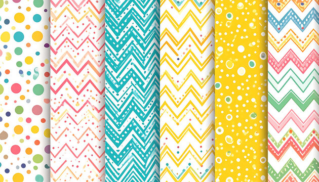 Eight vibrant, playful textile patterns featuring polka dots, zigzags, and confetti-like sprinkles in various pastel colors on white backgrounds.  Each pattern offers a unique, cheerful aesthetic