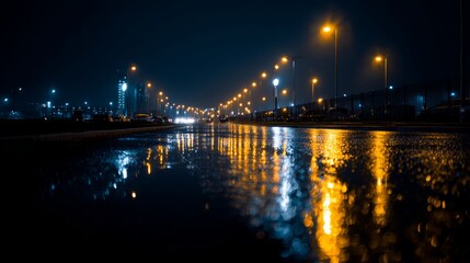 Glowing city lights reflect on wet streets, a blend of deep blue and warm tones. Urban serenity in the night.
