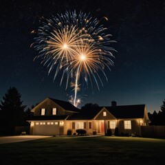 Fireworks explode over a suburban home at night.  A vibrant display of gold, blue, and white bursts illuminates the dark sky, contrasted by the warm glow of a residential house