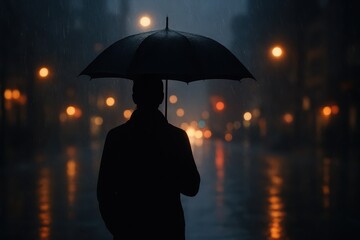 Silhouetted figure holding an umbrella amidst a rainy urban night filled with glowing lights