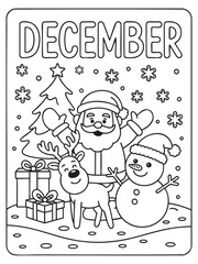 December coloring page santa reindeer snowman