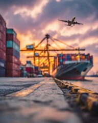 A cargo ship, shipping containers, and an airplane are seen at a busy port during a vibrant sunset, highlighting global trade and transportation