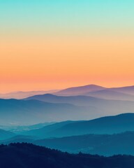 Obraz premium Colorful layers of mountain ranges at sunrise with a vibrant gradient sky, creating a tranquil and scenic natural landscape