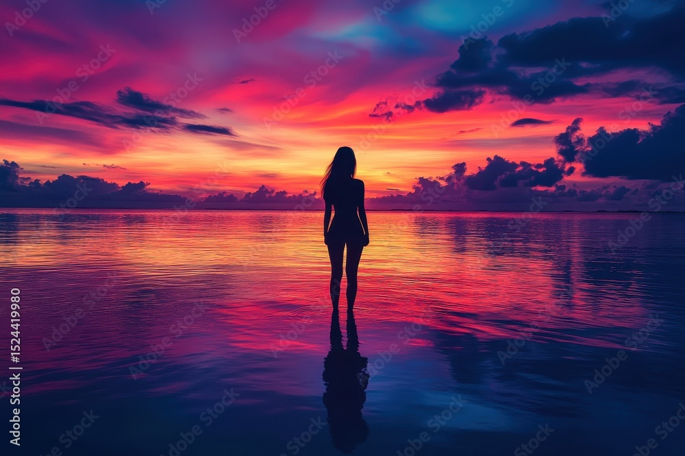 Poster silhouette of woman standing in water at sunset with colorful reflection, creating a serene and soli
