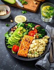 A vibrant, healthy meal with grilled salmon, avocado salad, quinoa, and roasted cauliflower in a cozy kitchen with warm light, wood accents, and lemon-mint infused water.