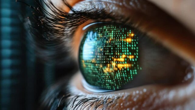 Close-up of an eye, reflecting binary code