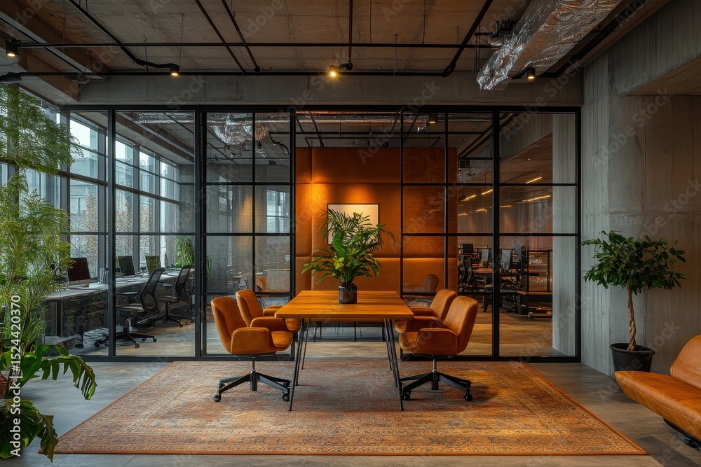 Poster interior of empty office space with glass partitions, brown sofa, and round tables showing workspace