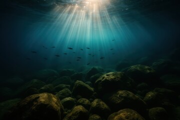 Fototapeta premium Underwater tranquility showcases sunlight illuminating rocky depths and swimming fish in a serene aquatic environment