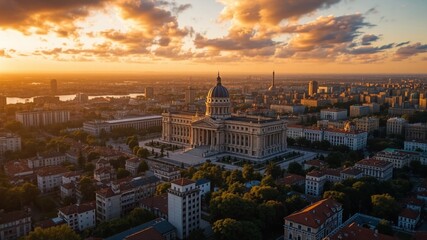 Montevideo's Golden Hour: Aerial View of Homes and the Capitol