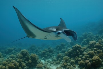 Majestic stingray glides gracefully over vibrant coral reef in clear blue ocean waters