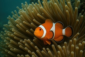 Colorful clownfish swims gracefully among vibrant sea anemones in a serene underwater paradise during the golden hour