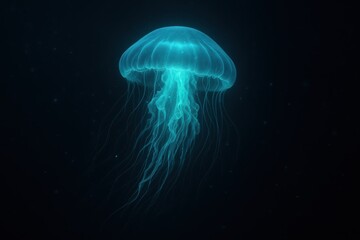 Glowing jellyfish drifts gracefully through the dark depths of the ocean, showcasing its bioluminescent beauty