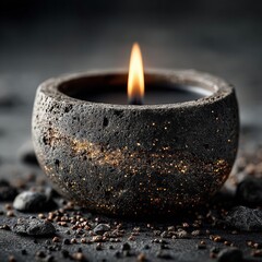 A sleek, minimalist black wax candle in a textured concrete bowl emits a warm flame, creating a moody and elegant atmosphere with spa-like tranquility