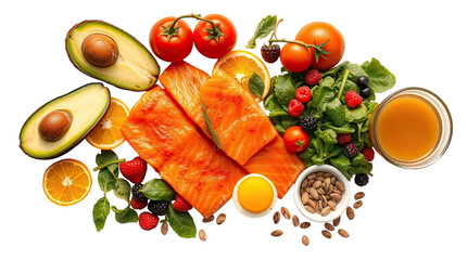 Fresh salmon fillets with fruits and vegetables on a white background  
