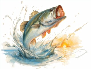 A watercolor illustration of a largemouth bass leaping from a lake at sunrise, with splashing water and vivid colors capturing the energy of the moment.