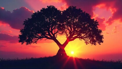 Silhouette of two intertwined trees against a vibrant sunset, representing the enduring bond of soulmates , symbolic, art, kindred spirits