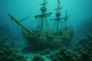 Obraz premium Sunken shipwreck embraced by vibrant coral reefs beneath the waves