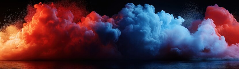 A vivid digital artwork showing a surreal nebula of red, orange, and blue smoke clouds over a dark ocean, blending fantasy and cosmic elements in vibrant contrast.