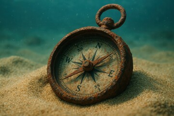 Ancient compass resting on the sandy ocean floor surrounded by a mysterious underwater world
