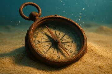 Ancient compass resting on sandy ocean floor illuminated by gentle underwater light