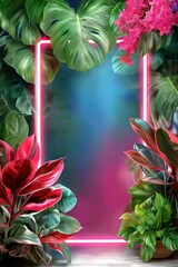 A vibrant neon-themed tropical design featuring lush green and red leaves surrounding a glowing pink frame, perfect for summer, nature, or exotic event backgrounds