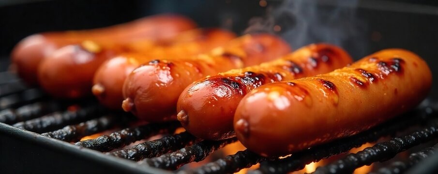 A close-up shot of several juicy hot dogs sizzling on a grill, glistening with oil and ready to be served The image emphasizes texture and appetizing qualities , summer, recipe