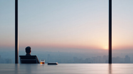 Contemplative executive silhouette gazing out skyscraper window at sunrise. Glass of liquor. Success, power, ambition, vision, future, corporate themes.