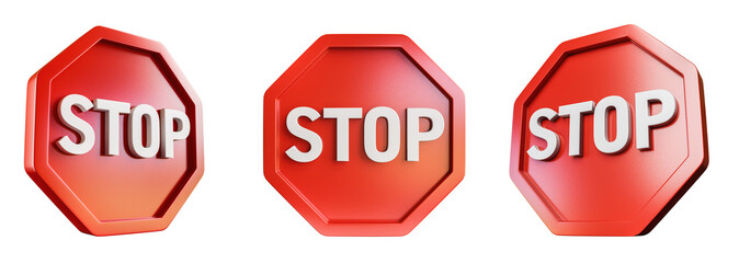 Stop sign set isolated on transparent background. 3D render.