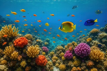 Vibrant underwater exploration reveals a stunning coral reef teeming with colorful fish and diverse marine life in crystal-clear waters