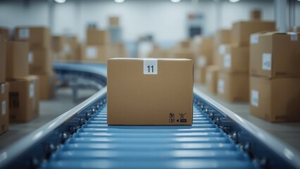 Single cardboard box on conveyor belt in warehouse