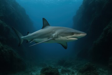 Underwater majesty of a shark gliding through the vibrant sea landscape at dawn