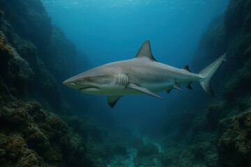 Majestic shark glides through the vibrant underwater world, showcasing its power and grace near coral reefs