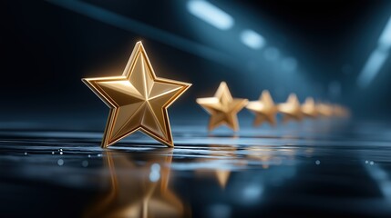 Golden star in sharp focus with others fading into the background on a glossy surface. Symbol of top rating, customer satisfaction, and premium quality