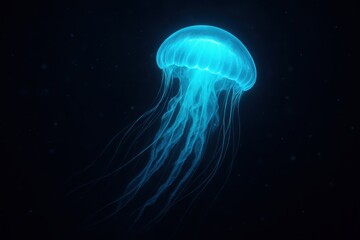Naklejka premium Majestic jellyfish gracefully gliding through the dark ocean depths radiates an ethereal blue glow