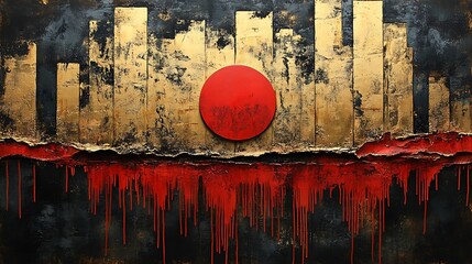 Abstract painting with red circle and golden structures