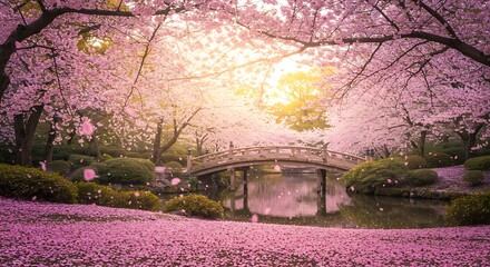 Cherry Blossom Paradise: A serene Japanese garden scene, where a picturesque arched bridge spans a tranquil pond.